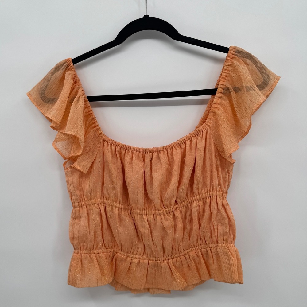 Express Women's M Peach Ruffle Smocked Peplum Top Metallic Thread Cottagecore - Picture 2 of 9